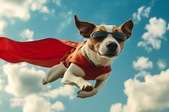 A dog wearing sunglasses and a cape flies through a blue sky, embodying a superhero theme.