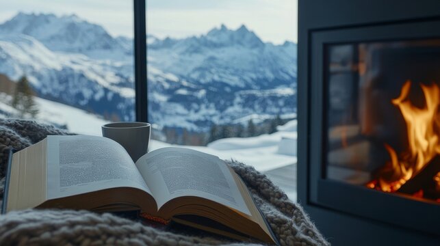A realistic image of a warm fireplace featuring a knitted blanket and a book.