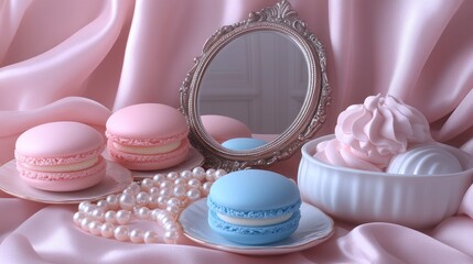 A pastel-themed dessert arrangement featuring macarons, meringues, and pearls.