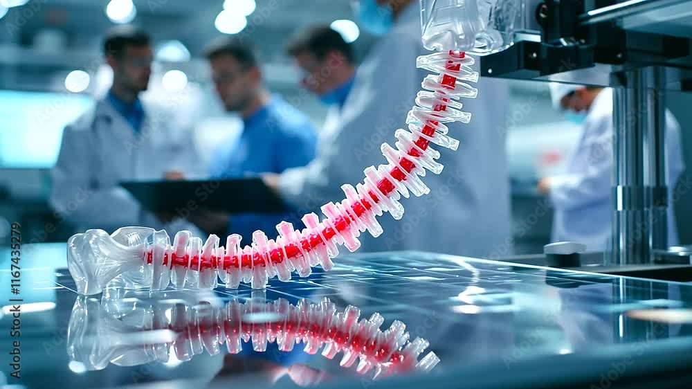 Poster a vibrant shot of a d printer fabricating an entire spinal column, layer by layer, with a background
