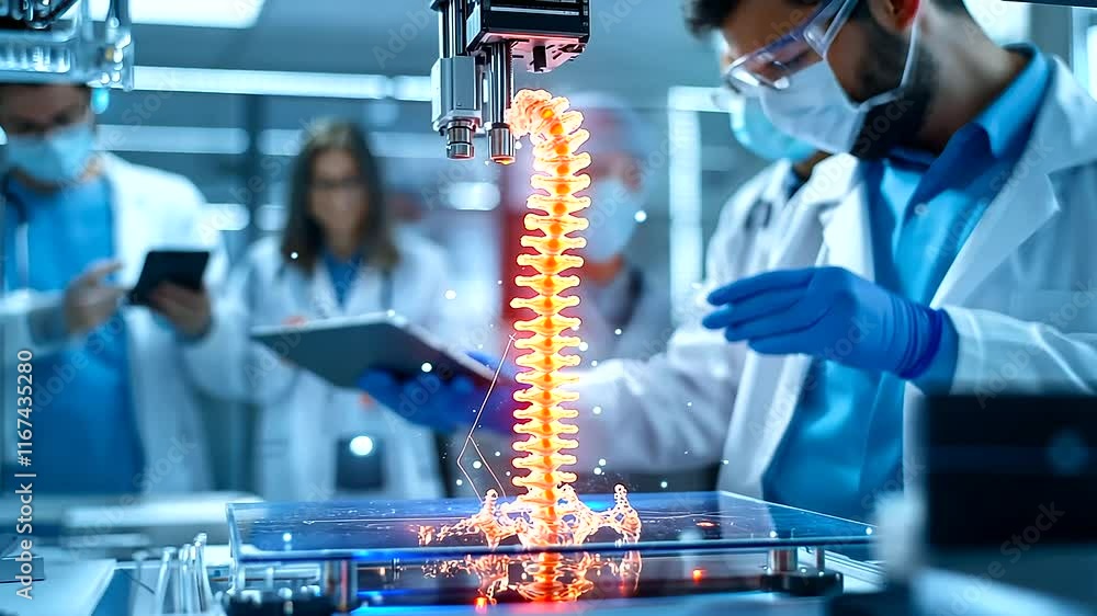 Poster a vibrant shot of a d printer fabricating an entire spinal column, layer by layer, with a background