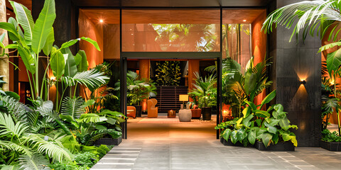 Luxurious indoor and outdoor hotel entrance surrounded by tropical plants leading to a modern, warmly lit indoor lounge.