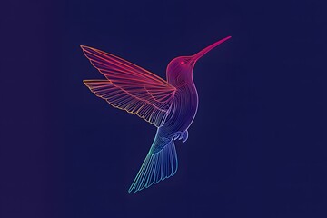 A vibrant, stylized illustration of a hummingbird in rainbow colors against a dark background.