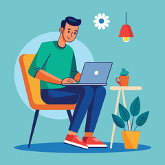 man working on his laptop, vector illustration	