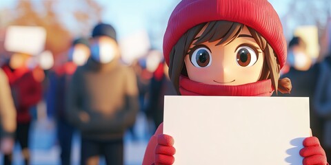 3D anime activist holding up blank protest sign during protest 