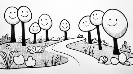 Happy Smiling Trees Line Drawing Beside Winding Creek
