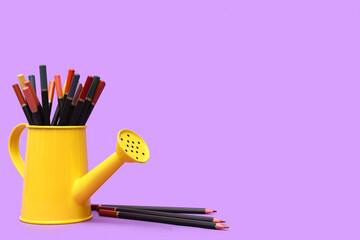 Yellow watering can with color pencils on lilac background
