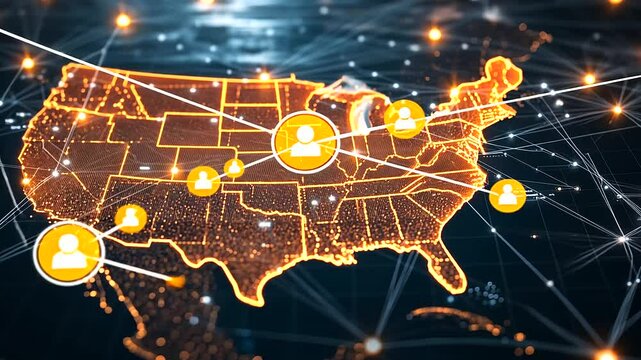 A detailed map of the USA at night, glowing lights concentrated around major industrial hubs and economic centers, with faint lines representing trade routes and distribution netwo