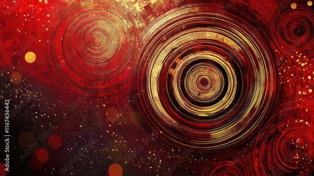 Poster abstract concentric circles in red and gold tones with sparkling highlights and modern lunar new yea