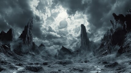 Fototapeta premium A dramatic, dark landscape under a stormy sky with towering rock formations and a distant planet.