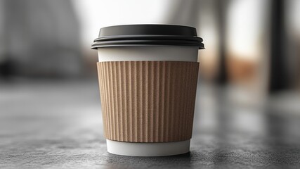Coffee cup with cardboard sleeve on blurred background