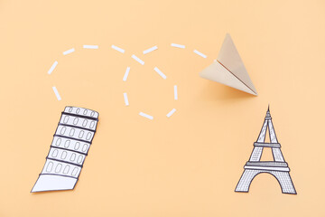 Creative composition with paper decor on color background. Travel concept