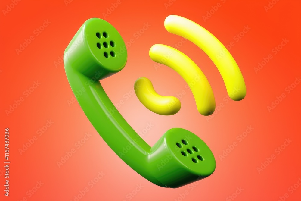 Poster green retro phone with yellow wifi signal, symbolizing communication and connectivity.