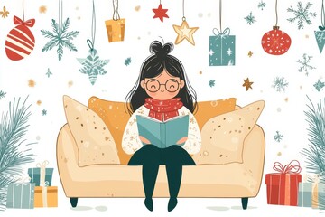 On a cozy winter day, a woman settles into a comfortable chair by the fireplace, deeply engrossed in a book. The serene and quiet atmosphere envelops her, filled with the joy of the holiday season