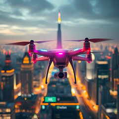 Aerial Drone Flying Over Illuminated Cityscape at Dusk