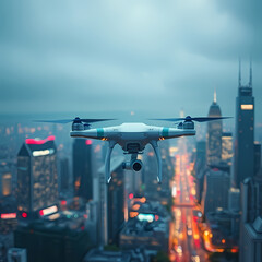 Aerial Drone Flying Over Illuminated Cityscape at Dusk