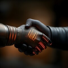 Futuristic Corporate Handshake with Augmented Reality Contracts and Digital Hologram Agreement Concept  Sleek metallic business attire advanced technology luminescent neon interface