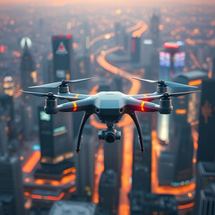 Aerial Drone Flying Over Illuminated Cityscape at Dusk