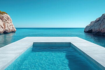 Fototapeta premium serene seaside scene featuring a minimalist platform overlooking calm waters with a clear blue sky evoking tranquility and peacefulness in a coastal setting