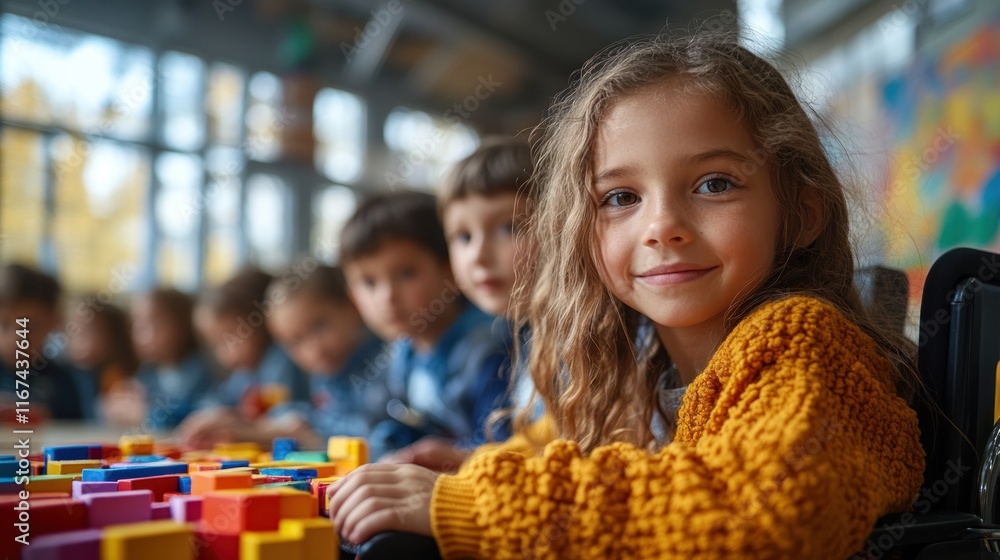 Poster children play with colorful blocks in classroom setting