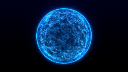Abstract motion digital blue glowing blurred bright energy sphere. Futuristic energy ball animation with chaotic particles , line  and dots into. Seamleass  loop