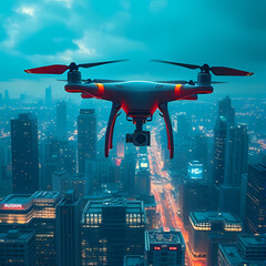 Aerial Drone Flying Over Illuminated Cityscape at Dusk