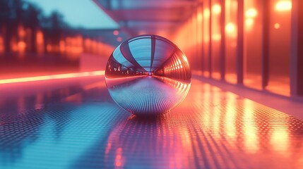 Reflective Sphere In Neon Cityscape At Night