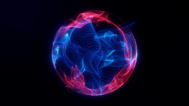 Glowing and rotating particle energy sphere sphere in the space.Abstract technology, science and futuristic. Abstract ball animation with red and blue parts.  