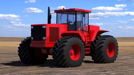 Red Agricultural Tractor in Open Field with Natural Sky