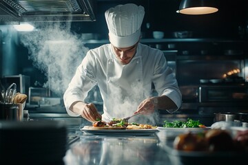 Chef meticulously plating a gourmet dish in a bustling gourmet kitchen at twilight