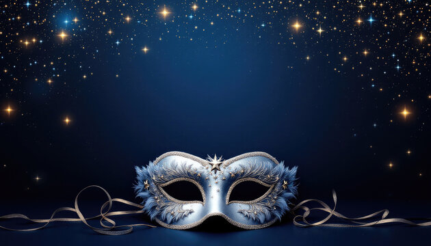Banner, website header, postcard with copy space for Carnival theme. Elegant silver masquerade mask on starry night background for holiday celebrations