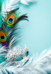 Obraz premium Vertical banner, website header featuring a gorgeous carnival mask, postcard with copy space. Elegant carnival mask with peacock feathers on turquoise background