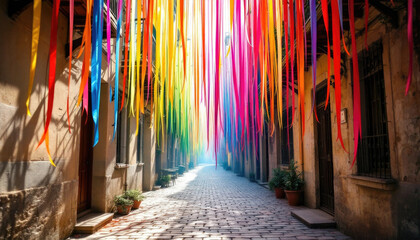 Fototapeta premium Horizontal banner, website header, postcard with space for text. Bright alley with colorful dangling ribbons on sunny city street