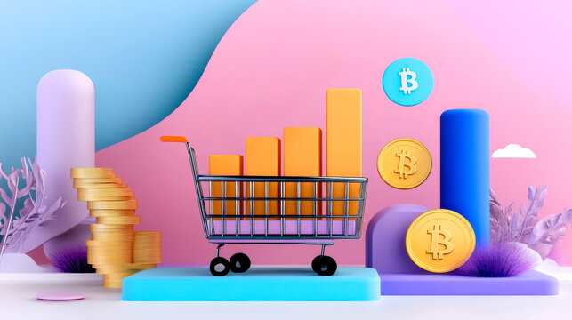 A vibrant illustration depicting a shopping cart with bar graphs and cryptocurrency coins, symbolizing e-commerce and digital finance growth.