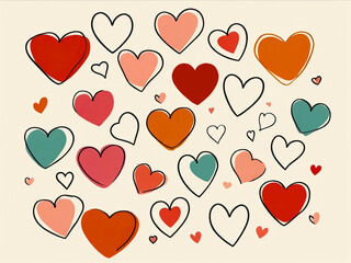 Many colorful hearts in single line drawings style on white background