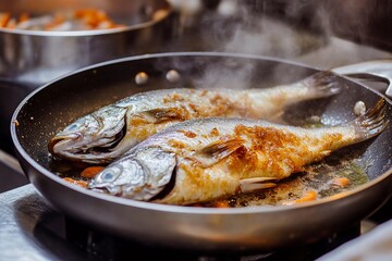 Cooking delicious fish fillets in a bustling kitchen during a vibrant culinary session