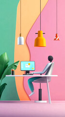A modern workspace featuring a person at a stylish desk, colorful walls, and unique pendant lights, creating a vibrant and inspiring environment.