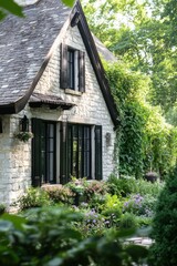 Fototapeta premium Charming stone cottage surrounded by lush greenery and colorful flowers in a serene garden setting during daylight hours