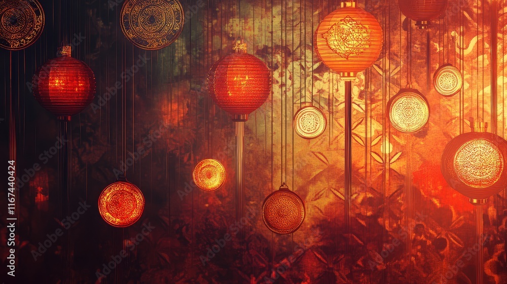 Poster abstract design featuring festive chinese elements like lanterns and coins in glowing red and gold p