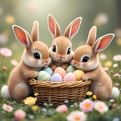 A charming trio of cute bunnies resting in a basket filled with colorful Easter eggs, placed amid a serene meadow with blooming flowers, celebrating the joy of springtime and seasonal traditions.