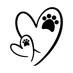 Minimalist black silhouette of two hearts with a pet paw print with smooth curves and soft edges, perfect for logo or tattoo designs, vector format