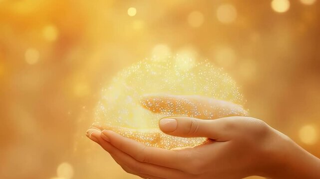 Palms illuminated by bright light. Open arms are stretched out to the bright light against the background of a warm golden glow. Rays of light radiate from the center, creating a radiant effect.