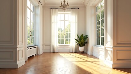 Fototapeta premium Elegant Interior with Parquet Flooring, Large Windows, and Classic White Walls