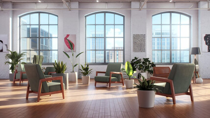 Modern armchairs and table near large windows with white roller blinds indoors