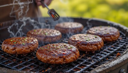 Obraz premium Grilling Juicy Burgers | Burgers on the BBQ | Summer Grilling Scene | Preparing a BBQ Feast | Grilling Perfection