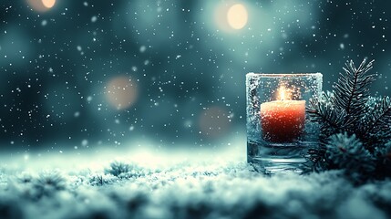 A Winter Candle Glowing Brightly In The Snow