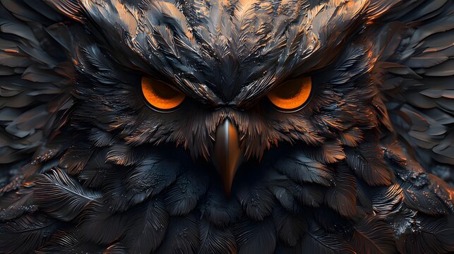 A close-up of a fierce owl with striking orange eyes and detailed feathers.