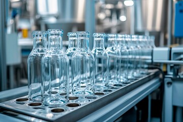 Clear glass bottles illuminated by factory lights on a production line in motion