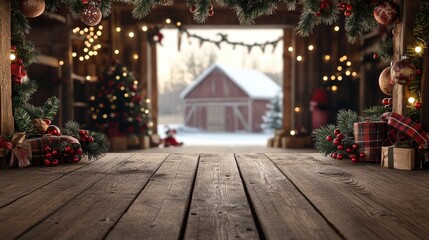 Fototapeta premium A rustic wooden podium set a festive barn decorated Christmas creating a warm holiday ambiance