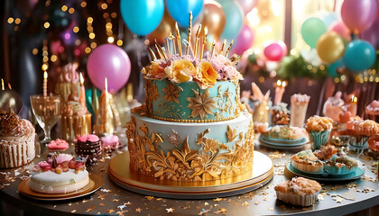 Elegant two-tiered birthday cake adorned with gold leaf and flowers, surrounded by assorted pastries and colorful balloons. Perfect for celebratory occasions, party invitations, and food blogs.